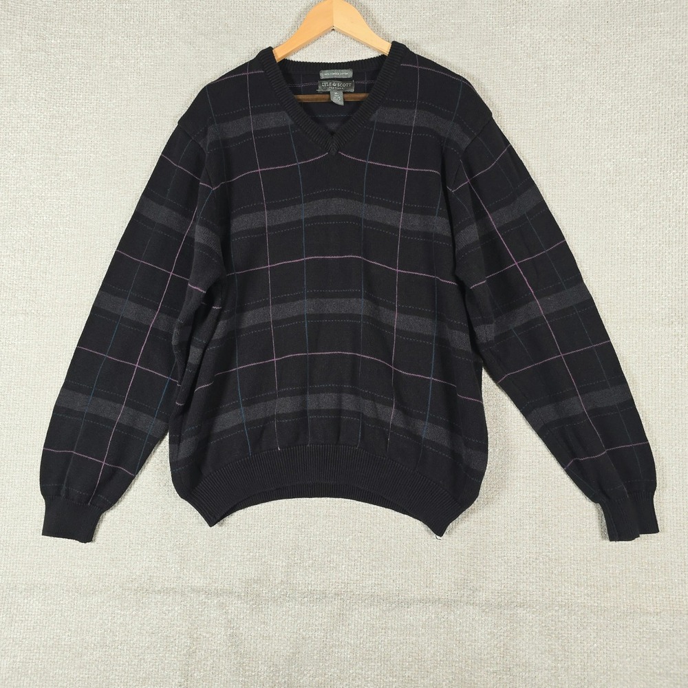 Lyle &‎ Scott Scotland Mens XL Black Cotton Windowpane Plaid V-Neck Sweater